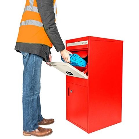 SMART PARCEL BOX Paketbox draußen, Standbriefkasten mit Paketfach, Paketbriefkasten große Pakete XXL, Postbox für Pakete outdoor, Paketkasten Entnahme hinten & vorne, Stahl rostfrei, rot