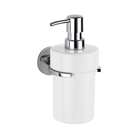 WENKO UV-Loc Seifenspender Isera, nachfüllbar, 360 ml Spender aus Keramik zum Befestigen ohne Bohren mit innovativem Klebesystem, Halterung aus Vierkantrohr & Zinkdruckguss, rostfrei, 10 x 18 x 11 cm