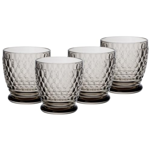 Villeroy & Boch Boston Coloured Becher Smoke 4er Set, 330 ml, Farbige Trinkgläser mit Facettenmuster, Becher aus Kristallglas für Heiß- und Kaltgetränke, Spülmaschinengeeignet, Grau