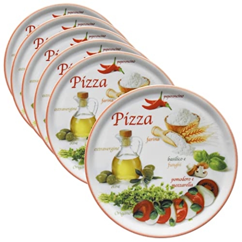 MamboCat 6er Set Pizzateller Napoli Red Ø 33,8 cm I Servier Platten mit Motiven I Vorspeisenplatten zum Anrichten für Antipasti oder Tomate-Mozzarella I bunte Porzellanteller für Pizza Pasta & Co