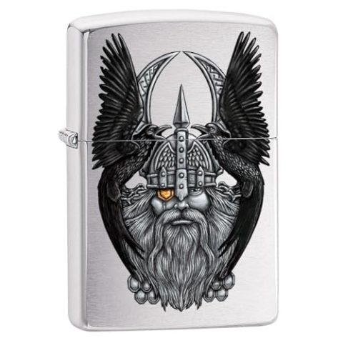 Zippo – Sturmfeuerzeug, Odin W/Raven, Color Image, Chrome Brushed, nachfüllbar, in hochwertiger Geschenkbox, 60005643, Silber