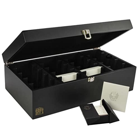 SAFE 7906 Schwarze Holz - Münzkoffer | Schatulle Münzbox Münzkassette 20 Fächer für Münzetuis 70 x 70x 27 mm