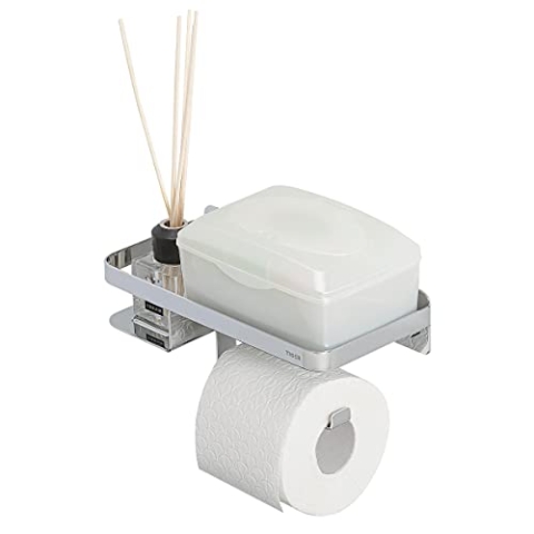 Tiger Caddy Toilettenpapierhalter mit Ablage, Toilettenrollenhalter mit Ablagefläche für Smartphone oder einer Box für feuchtes Toilettenpapier, Klopapierhalter zur Wandmontage, Edelstahl, Chrom