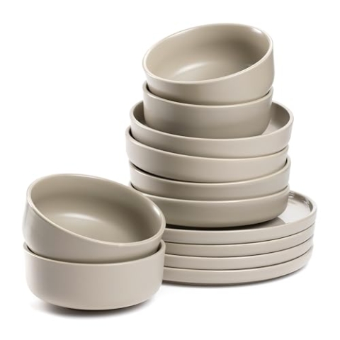 LEONARDO HOME Geschirrset ROMA 12-teilig • Tafel-Service für 4 Personen • je 4 Teller Ø 22 cm, Teller Ø 27 cm und Teller Ø 20 cm • Mikrowellen- & Spülmaschinengeeignet • stapelbar • beige • 026368