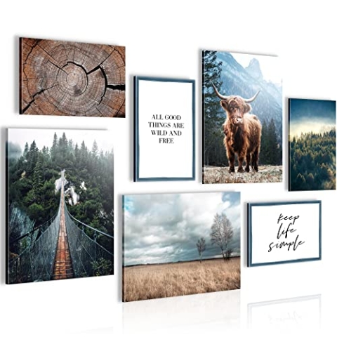 Novart Wandbilder Landschaft - KOMPLETT AUFHÄNGFERTIG - Natur Wald Wohnzimmer Schlafzimmer Flur - 7 Moderne Mood-Bilder - N004571a