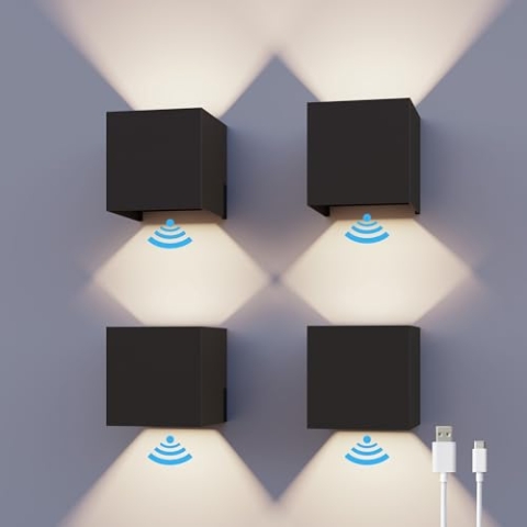 CALEX Wandlampe auf Batterie, 4 Stücke, Up & Down Gartenleuchte, Wasserdichte und ohne Stromanschluss, Warmweißes Licht,Für Innen und Außen, Akku mit USB-C Wiederaufladbar, Bewegungsmelder, Schwarz