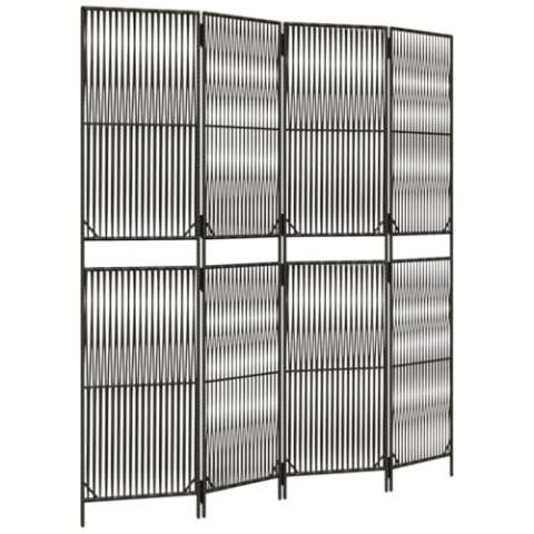 vidaXL Paravent 4-TLG., Raumteiler Linien-Webdesign Faltdesign, Trennwand Sichtschutz für Innen Außen, Spanische Wand Raumtrenner, Grau Poly Rattan
