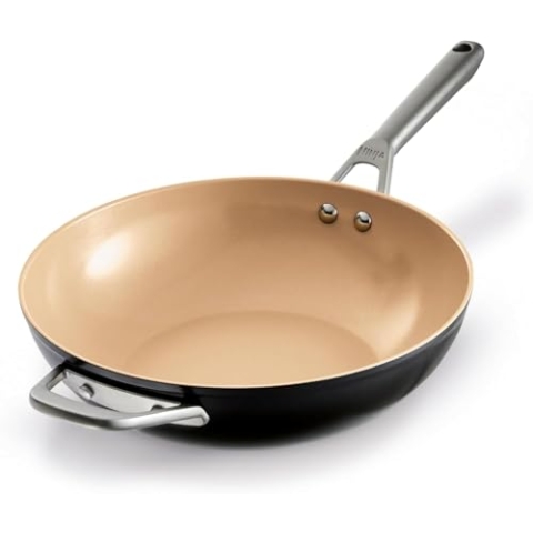 Ninja Extended Life 28cm Keramik-Wok, Wokpfanne antihaftbeschichtet (ohne PFAs, PFOAs, Blei, Cadmium), geeignet für Induktion, Edelstahlgriff, Ofenfest bis 285 °C, Terrakotta & Grau, CW90928DE