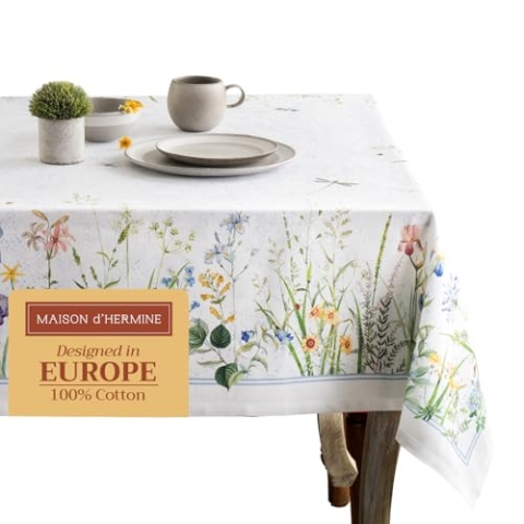 Maison d' Hermine Tischdecken, 100% Baumwolle, 140cm x 180cm dekorative, waschbare, quadratische Tischdecke, Oster-Tischdecke für Essen, Küche, Partys und Camping, Fleurs De Mai – Frühling/Sommer