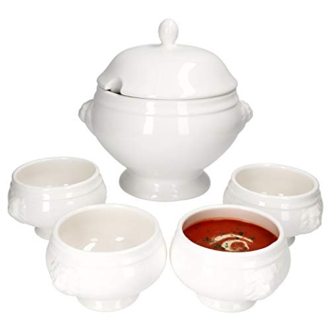 MamboCat Leo Löwenkopf Suppenterrine Suppentassen Set 5tlg I 1x Suppenschale mit Deckel 3 L + 4x kleine Suppentassen 0,45 L I Königliches Set Suppenschüssel Löwenkopf-Terrine aus Steingut weiß