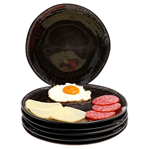 MamboCat Reactive Glaze Black Speiseteller-Set 6-teilig Zakynthos I ESS-Teller-Service für 6 Personen I Flache Grillteller mit Ø 26 cm I Steingut-Set handgefertigt & mikrowellengeeignet