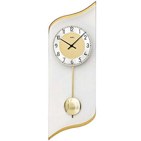 AMS Pendeluhr 7437 Wohnzimmer Wanduhr aus geschwungenem Glas Wand Glasuhr mit Metallpendel Dekouhr