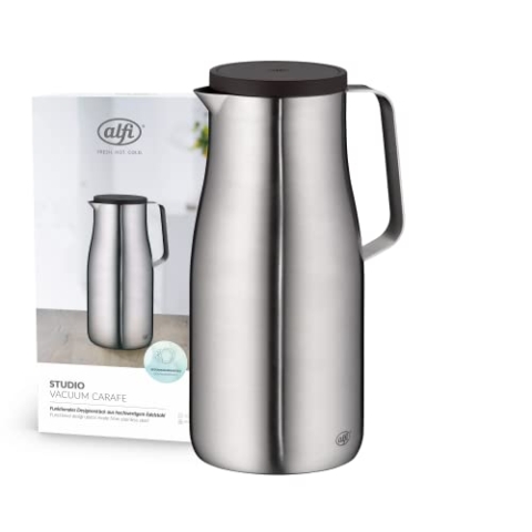 alfi STUDIO TT 1,5l, stainless steel, Isolierkanne aus doppelwandigem Edelstahl mattiert, hält 12 Stunden warm, 24 Stunden kalt, Drehverschluss, Öffnung groß, Thermoskanne, spülmaschinenfest, BPA-frei
