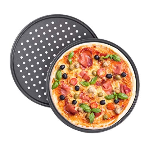 Relaxdays 10 x Pizzablech, rund, gelocht, antihaft, Pizza & Flammkuchen, Carbonstahl, Knusperblech, ∅ 32 cm, Pizzabackblech, grau