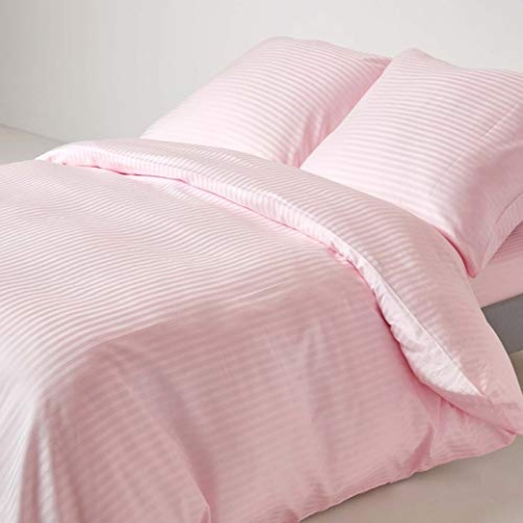 Homescapes 2-teiliges Damast-Bettwäsche-Set rosa, ägyptische Baumwolle mit Satin-Streifen,1 Bettbezug 155x220 cm & 1 Kissenbezug 80x80 cm
