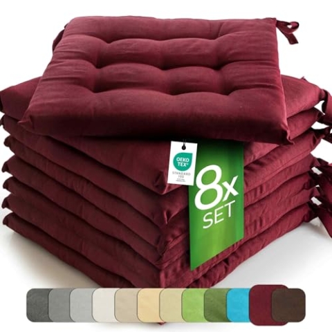 etérea 8er Set Sitzkissen Outdoor 40x40 mit Bändern - Stuhlkissen Bordeaux für Gartenstuhl & Innenbereich - waschbare Sitzauflagen Gartenmöbel - 8 Stück Kissen 40x40 cm - Bordeaux