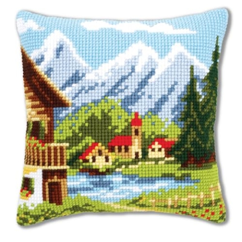 VERVACO Kreuzstich Stickpackungen Kissen Stickerei Set Anfänger Vorgedruckt Bergdorf I DIY Set Kreativ Set Für Erwachsene Dekoratives Kissen ca. 40 x 40 cm Bastelset Handwerker Haus Dekoration