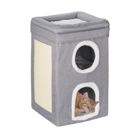 Relaxdays Katzenhöhle, 2 Höhlen u. 1 offene Ebene, Katzenbett, quadratisch, mit Kratzfläche, HBT: 63x40x40 cm, grau/weiß