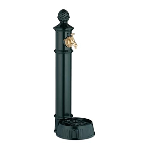 Relaxdays Standbrunnen antik, mit Wasserhahn & Becken, HxBxT: 83 x 26 x 31,5 cm, Wasserzapfsäule Garten, Terrasse, grün
