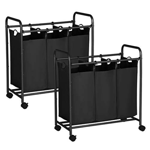SONGMICS Wäschekorb 3 Fächer, 2er Set, Wäschesammler mit Rollen, Wäschesortierer, Wäsche-Sortiersystem, Wäschewagen mit Griffen, Wäschesack, abnehmbare Stofftaschen, schwarz LSF003B02