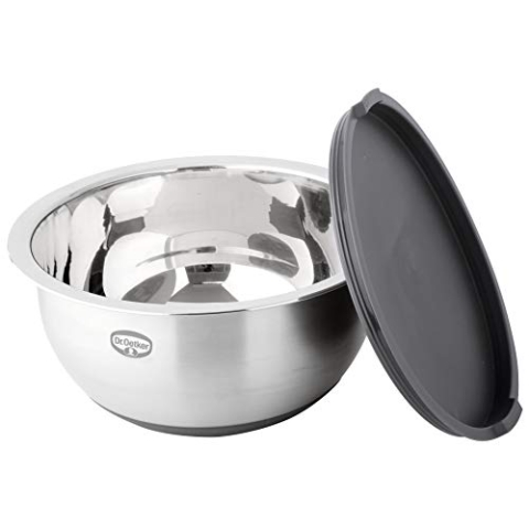 Dr. Oetker Rührschüssel mit Deckel Ø 24 cm, 5 Liter Küchenschüssel, Salatschüssel mit rutschfestem Silikonboden, hochwertige Teigschüssel aus Edelstahl (Farbe: Grau-Braun/Silber)