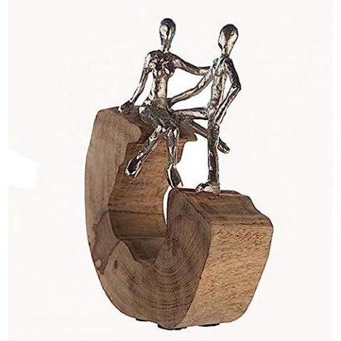 Casablanca Deko Skulptur Figur Secure - Wohnzimmer Dekoration aus Holz und Aluminium: Farbe: Braun Silber - Höhe 27 cm