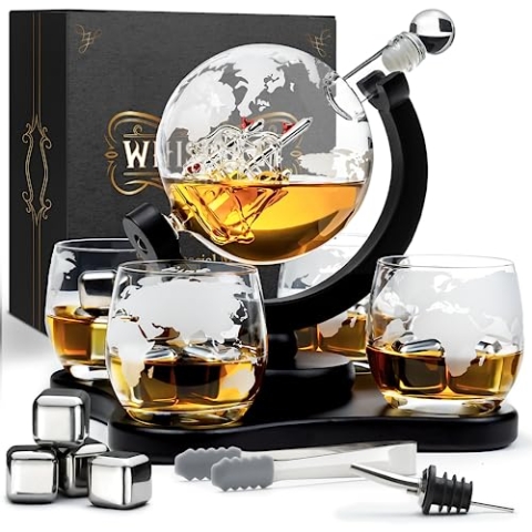 WHISISKEY Whiskey Karaffe Set - Whiskey Geschenkset - Geschenke für Männer - Männergeschenke Geschenk - Geburtstagsgeschenk Mann - Globus Dekanter 900ML, Geschenkbox, 4 Whisky Gläser, 4 Whisky Steine