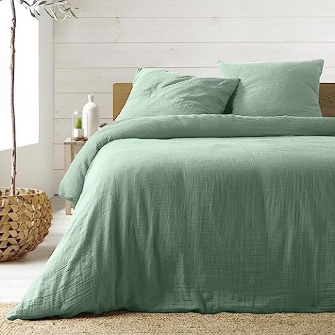 Douceur d'Intérieur Angelia 3-teiliges Bettwäsche-Set (240 x 220 cm), Baumwollgaze, Salbei