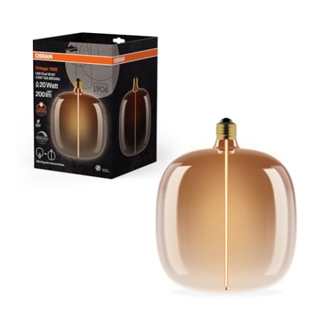 OSRAM Vintage 1906 Big Oval ist eine dimmbare, dekorative Lampe mit LED-Glüwendel-Magnet-Technologie. Sie bietet 4.8 W, 1800K, E27 Fassung, Tea Brown Design, 187 mm Durchmesser, CRI 80.
