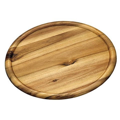 Kesper 4 Stück Pizzateller aus Akazienholz, Ø 32 x 2 cm, mit Saftrinne, FSC-zertifiziert, Brotzeitplatte, Brotzeitbrett, Servierplatte aus Holz