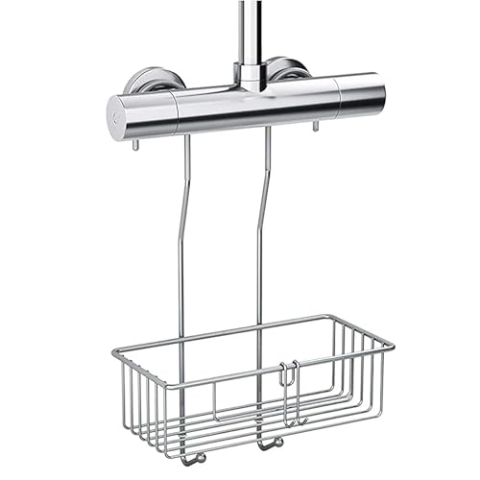 Bamodi Duschregal zum Einhängen in Duscharmatur - Edelstahl Duschablage ohne Bohren - Rostfrei mit Rasiererhalter und Haken - Badezimmer Organizer für Duschzubehör - Silber, 25 x 40 x 13 cm