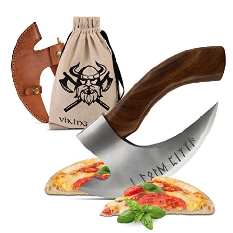VIKING CRAFT - Pizza Axt Wikinger inkl. Lederschutz - Pizzamesser für echte Wikinger - Pizzaschneider Axt perfekt geeignet als Wikinger Deko - Wikinger Axt, Pizza Wiegemesser, Wikinger Messer, Beil