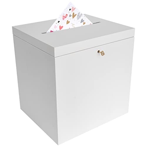 Creative Deco Weiße Holzkiste mit Deckel Kartenbox Hochzeit | 29x25x30 cm | Geldgeschenke Holzbox mit Schlitz, Schloss und Schlüssel Geschenkkarten Box Geldbox Briefbox Kasten | Lagerung Spendenbox