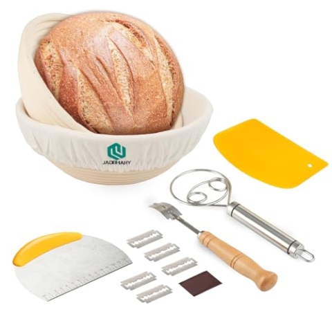 JAOBHAHY Gärkörb zum Brotbacken 2er Set,23cm Rundes Gärkorb Brot mit Leinentuch,Schneebesen,Bäckermesser mit 5 Rasierklinge,Teigschaber TPE & Edelstahl für Heim- und Professionelle Bäcker