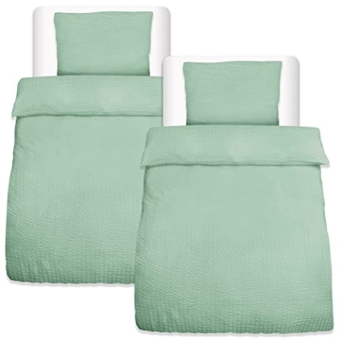 Beautissu 4tlg Seersucker Bettwäsche 155x220 cm & Kopfkissen Bezug 80x80 cm – Bügelfrei Bettwäsche-Sets Bettbezug 155x220 – Hautfreundlich Bettwaren & Bettwäsche Grün – Meline