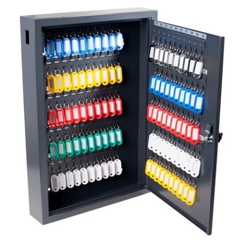 Pavo - Deluxe Schlüsselkasten/Schrank, 100 Haken mit seitlichem Schlüsseleinwurf ,Maße : 8x38x55 cm, dunkelgrau / 100 Schlüsselanhänger inklusive