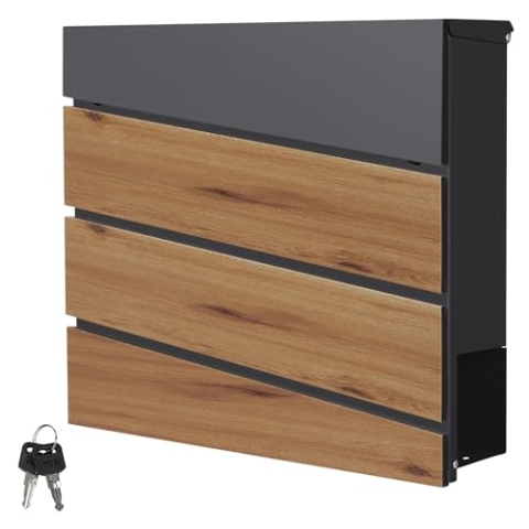 ML-Design Briefkasten Anthrazit/Holzoptik Eiche, aus Stahl, Postkasten mit Zeitungsfach, Abschließbar, 2 Schlüssel, 37x37x11 cm, Moderner Wandbriefkasten mit Zeitungsrolle, Mailbox für Wandmontage