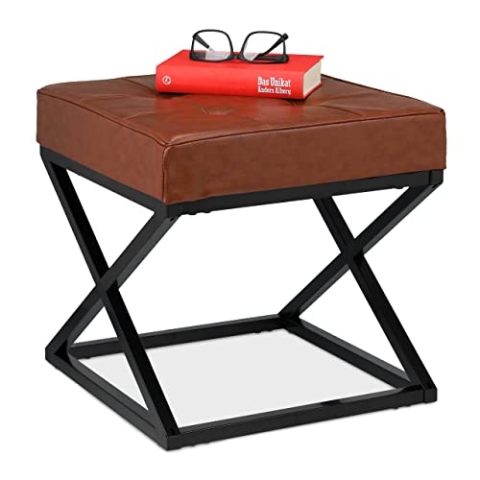 Relaxdays Sitzhocker, gepolstert, Kunstleder, Metall, Industrial Design, Fußbank HxBxT: 41 x 41 x 41 cm, schwarz/braun