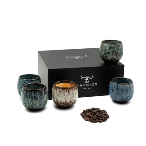 Pheniox | Espressotassen Set Tibet Mini | 5-teilig | 100 ml | hochwertige Tassen aus Steingut | ohne Henkel | spülmaschinenfest | Espresso | Mokka | Gewürzbecher | Geschenk in modernem Design
