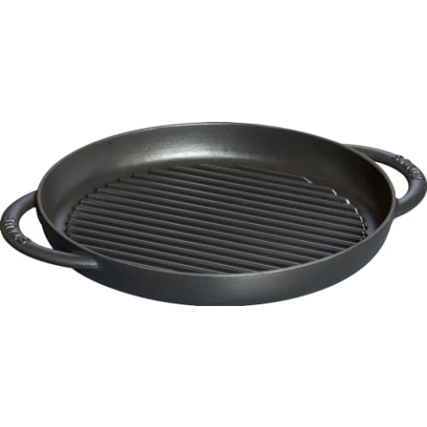 STAUB Grillpfanne aus emailliertem Gusseisen, 26 cm, Rund, Mit 2 Griffen, Für alle Herdarten inkl. Induktion & Backofen, Schwarz