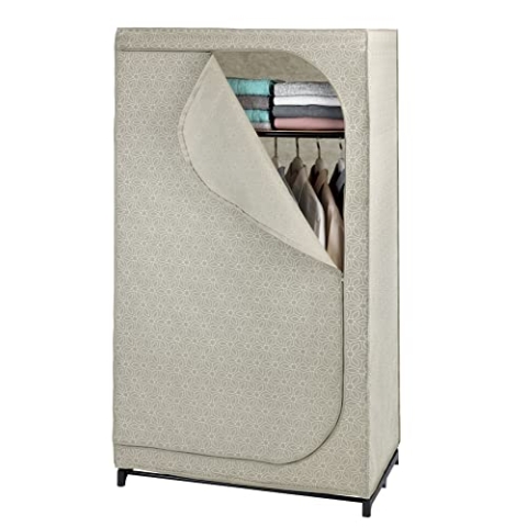 WENKO Kleiderschrank Mod. Balance mit Ablage und Kleiderstange, Stoffschrank zur staubfreien Aufbewahrung von Textilien, Metallgestell, atmungsaktives Vlies-Material, 90x160x50 cm, Taupe