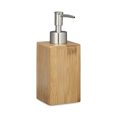 Relaxdays 10 x Seifenspender Bambus, eckig, manueller Pumpspender, HBT: 18 x 6,5 x 8 cm, nachfüllbar, Lotionspender, Natur