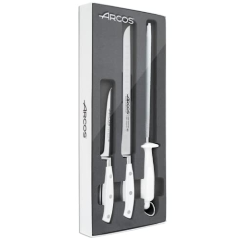Arcos Messer Set - Desosser und Schinkenmesser mit Wetzstahl, Edelstahl NITRUM, Professioneller Schnitt, Ergonomischer Griff, Riviera Blanc Serie