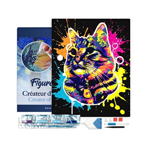 Figured'Art Diamond Painting Erwachsene 40x50cm Mit Rahmen Ganze Leinwand gespannt Katze Pop Art 5D Bilder Eckige Steine - DIY Set Basteln