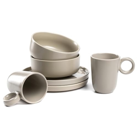 LEONARDO HOME Geschirrset ROMA 6-teilig • Frühstücks-Service für 2 Personen • je 2 Becher, Schälchen und Teller im Set • Mikrowellen- & Spülmaschinengeeignet • stapelbar • Keramik • beige • 026367