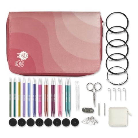 KnitPro Zing austauschbares Nadelset – Paar Rundstricknadeln 11 x 13 cm mit Zubehör Zing Regal Set, farbcodiert für Anfänger, Profis und Geschenkset