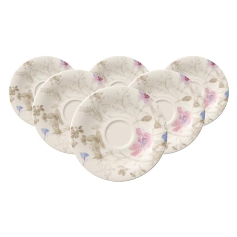 Villeroy & Boch Mariefleur Gris Basic Kaffee-/Teeuntertassen 6er Set, 16 cm, Unterteller mit Blumendekor, Premium Porzellan