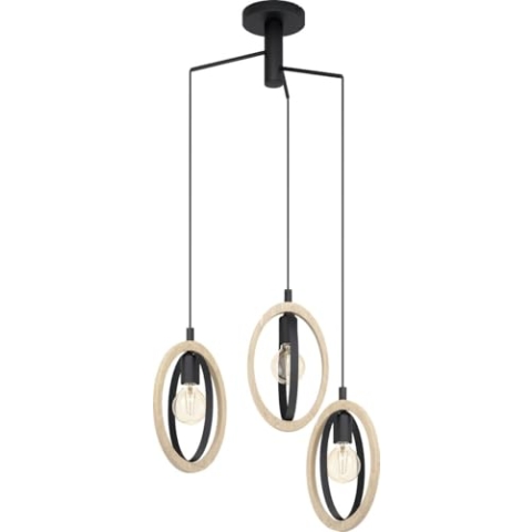 EGLO Pendelleuchte Basildon, 3 flammige Hängelampe Vintage, Industrial, Retro, Hängeleuchte aus Stahl und Holz in Schwarz, Natur, Esstischlampe, Wohnzimmerlampe hängend mit E27 Fassung, Ø 61,5 cm