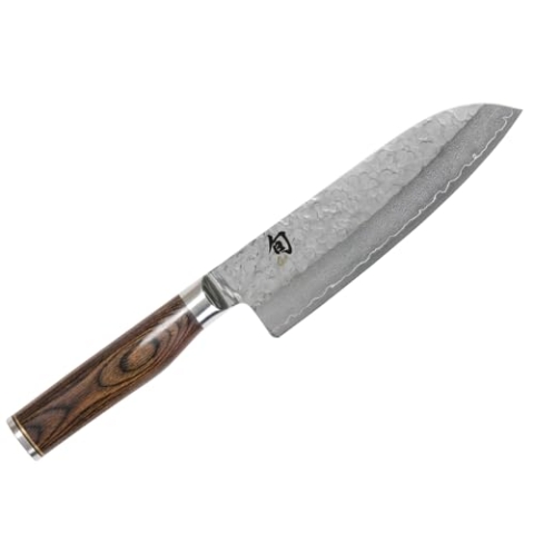 KAI Shun Premier Tim Mälzer Santoku 18 cm Klingenlänge - VG-MAX Kern 61 HRC, 32 Lagen Damast hochglanzpoliert - Pakkaholz mittelbraun gemasert - Hammerschlagoberfläche - Made in Japan
