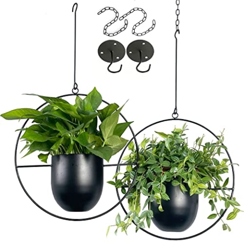 VDYXEW Metall Blumentopf hängend ，Hängende Pflanzgefäße für Innen- und Außenpflanzen mit Haken aus Metall,Hängende Blumenampel für Heimdekoration,blumentopf hängend schwarz (2 pcs)